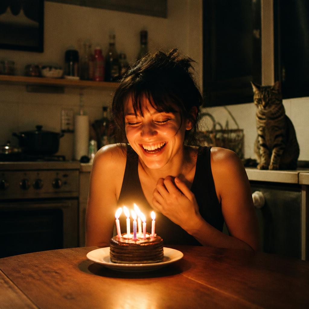 Woman blowing out birthday candles alone with a huge grin, cat watching