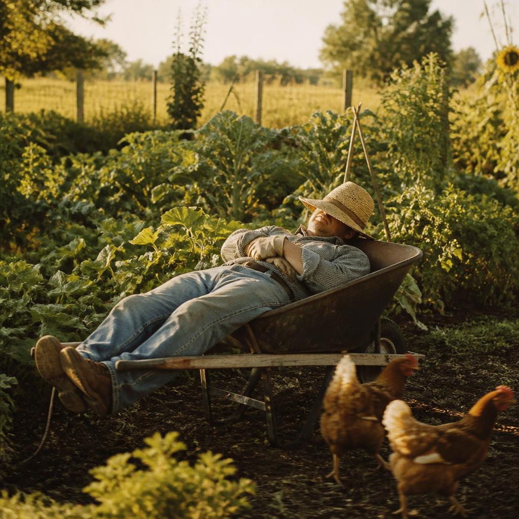 Man asleep in a wheelbarrow in a vegetable garden, hat over his face