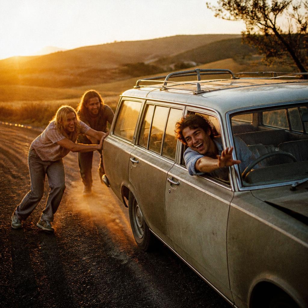 Friends laughing while pushing a broken-down station wagon at sunset