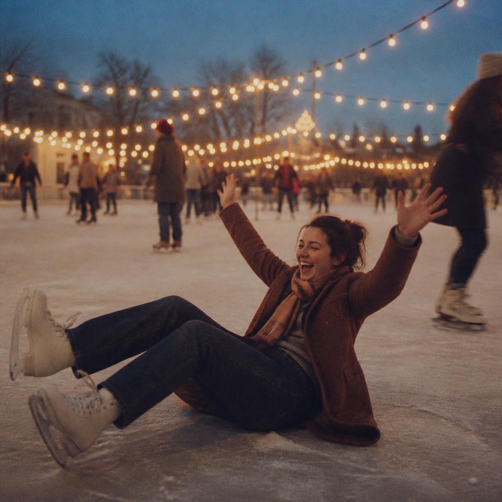 Woman laughing mid-tumble on an ice rink under string lights