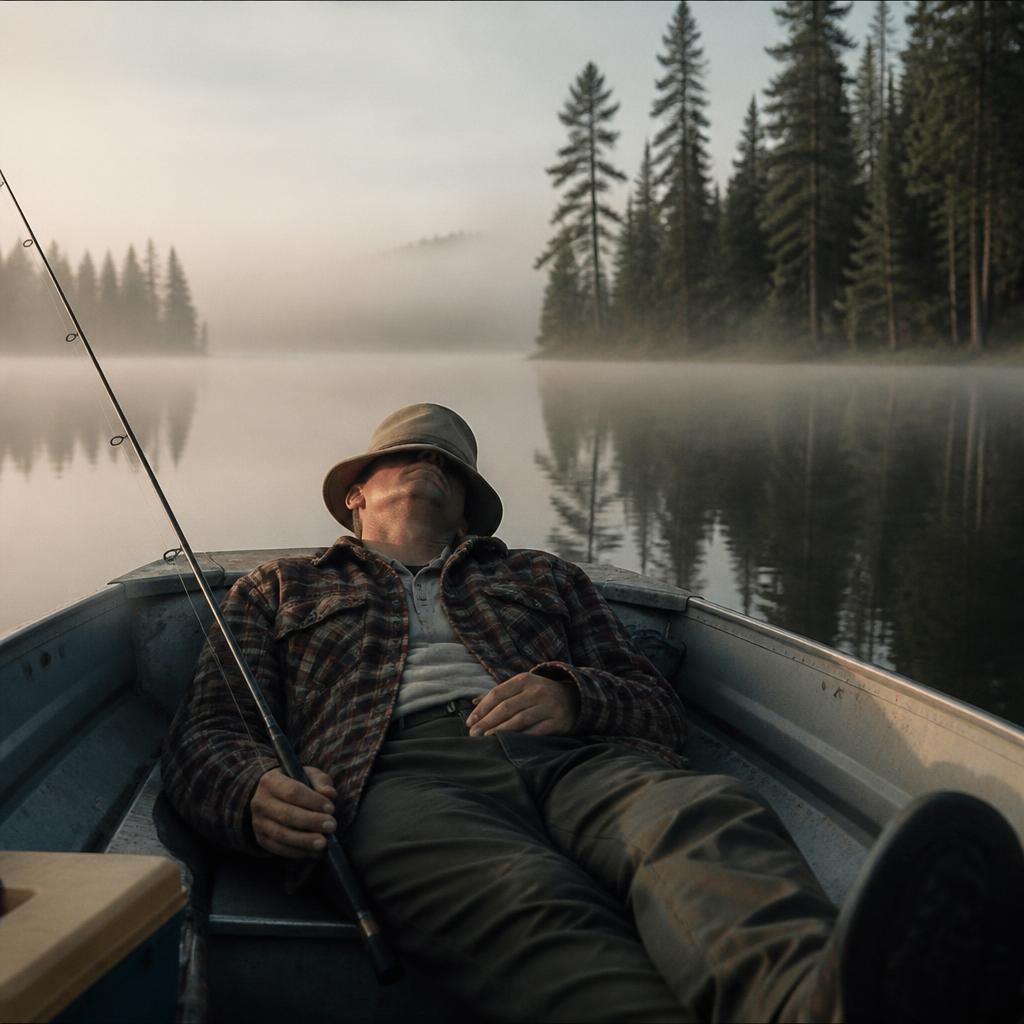 Man asleep in a rowboat on a misty lake, fishing rod with no line