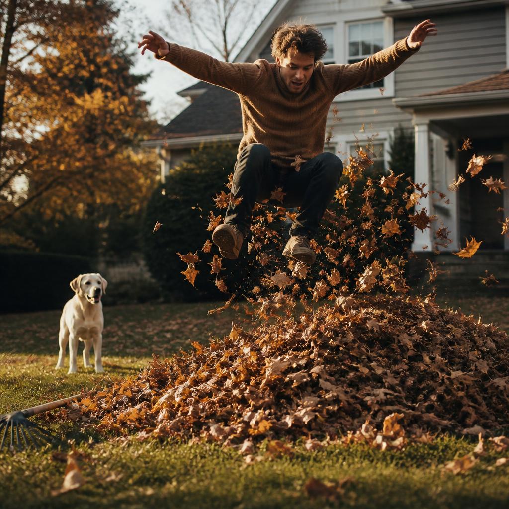 Man mid-jump into a huge pile of autumn leaves, rake abandoned