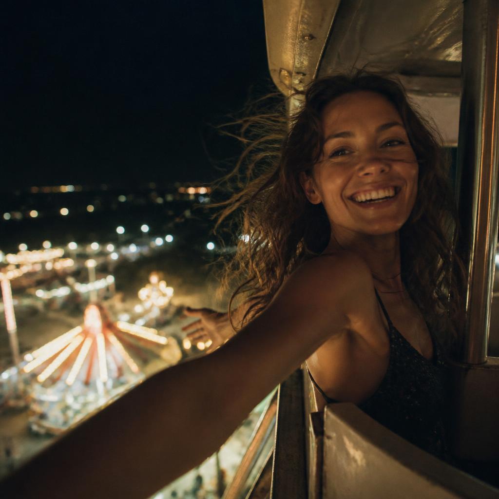 Woman thrilled at the top of a Ferris wheel at night, carnival lights below