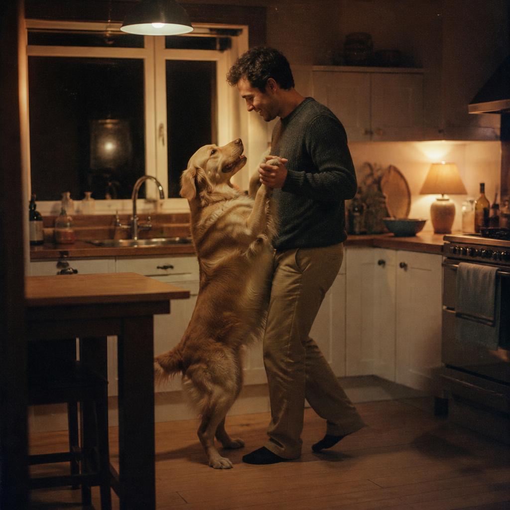 Man slow-dancing with a golden retriever in a warm kitchen