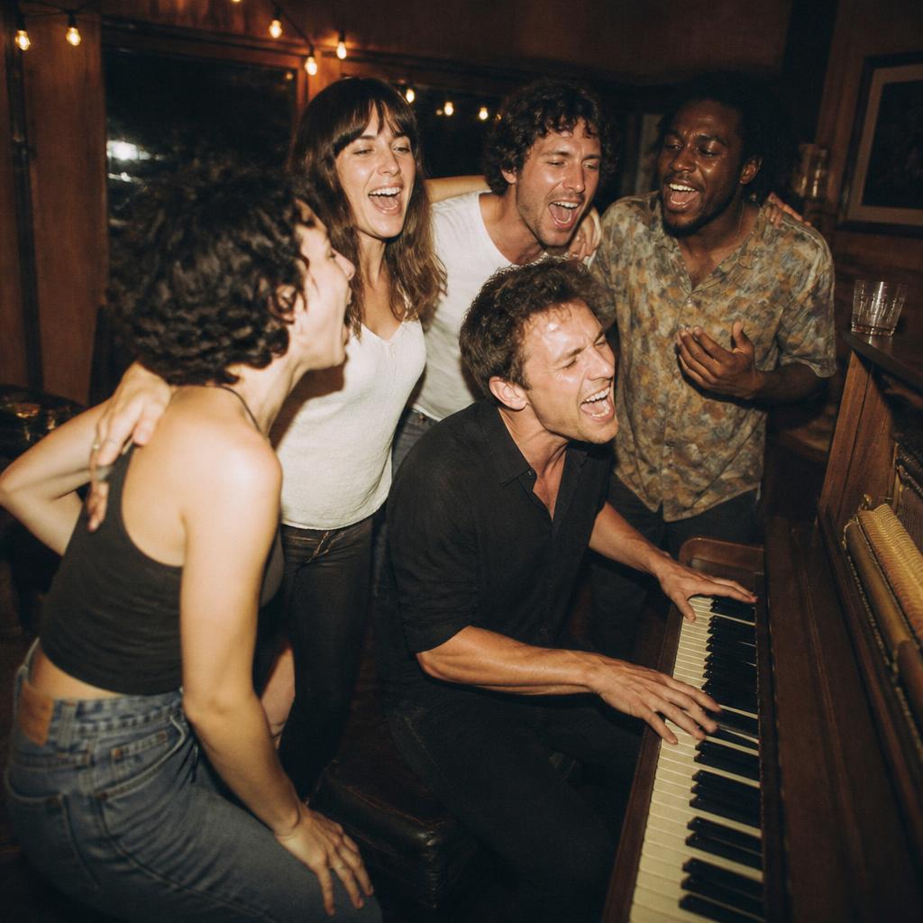Friends singing around an old piano in a dive bar late at night