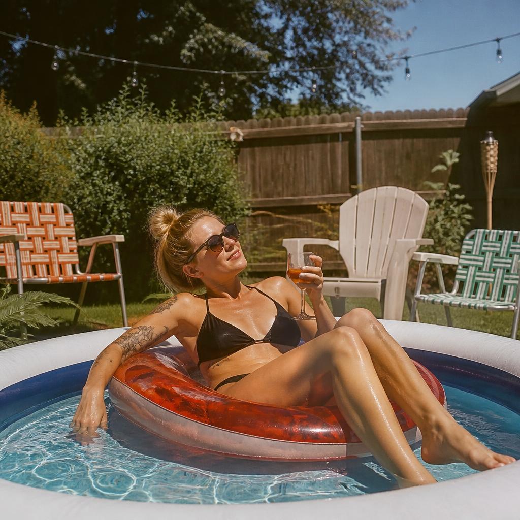 Woman lounging on a float in a tiny backyard pool with a drink
