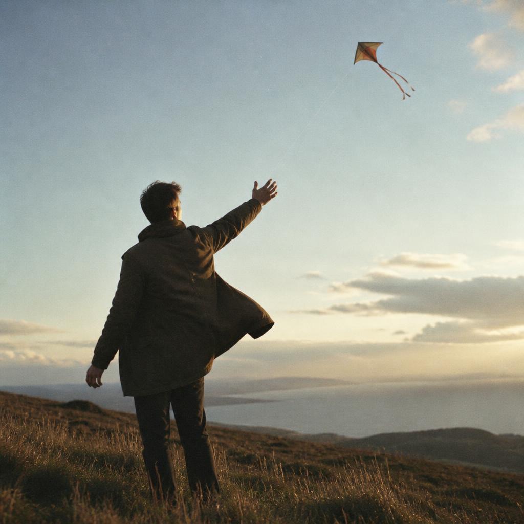 Man on a windy hilltop letting go of a kite into the sky