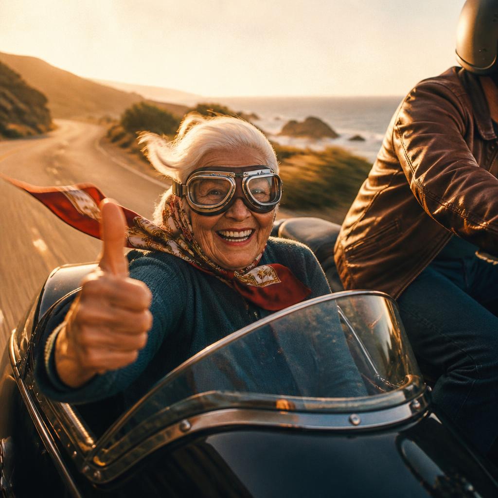 Grandmother in goggles and scarf giving a thumbs up from a motorcycle sidecar
