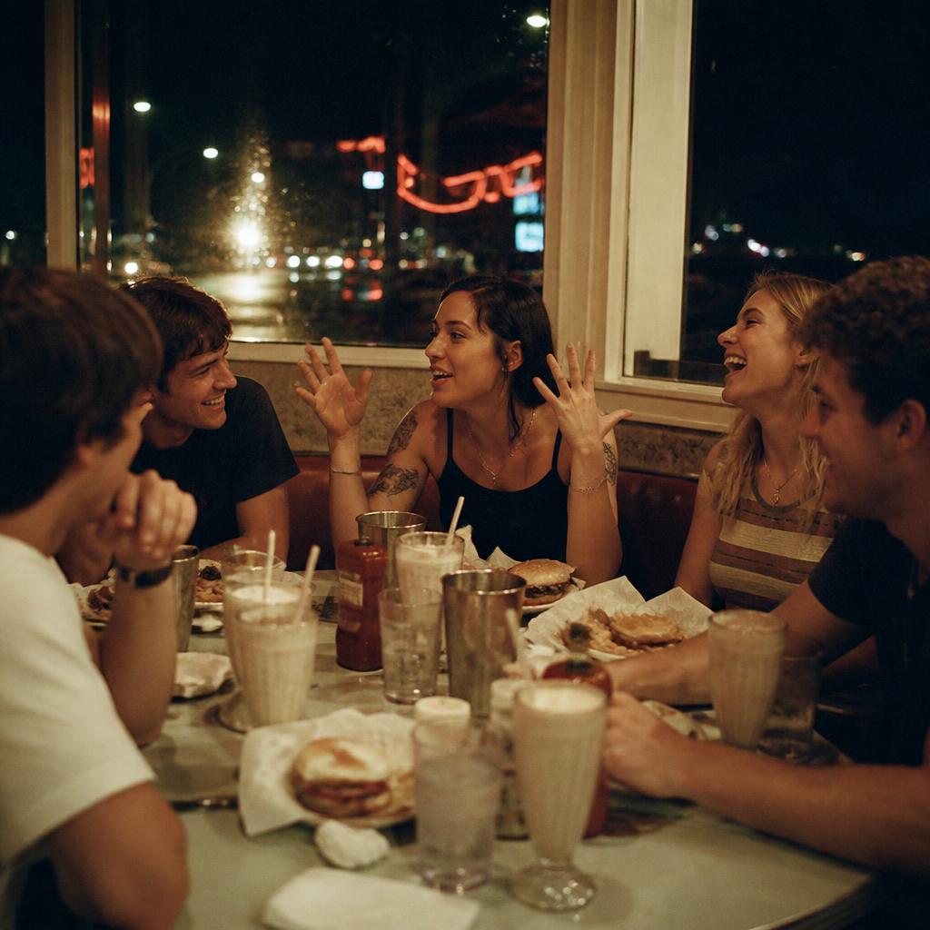 Friends laughing in a diner booth at 3am over milkshakes