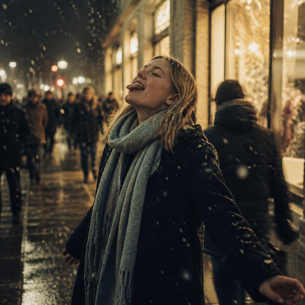 Woman catching snowflakes on her tongue on a city sidewalk at night