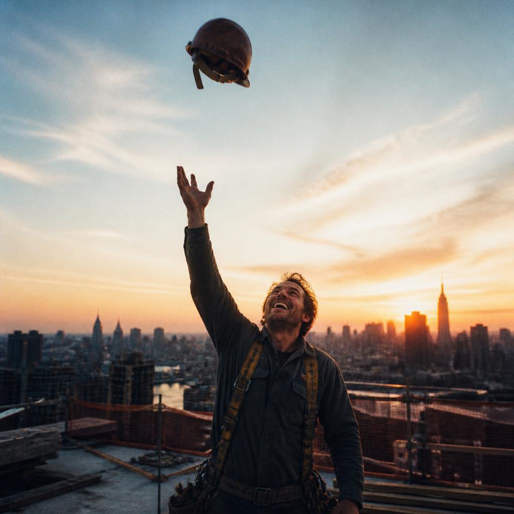Construction worker tossing his hard hat in the air at sunset, end of shift