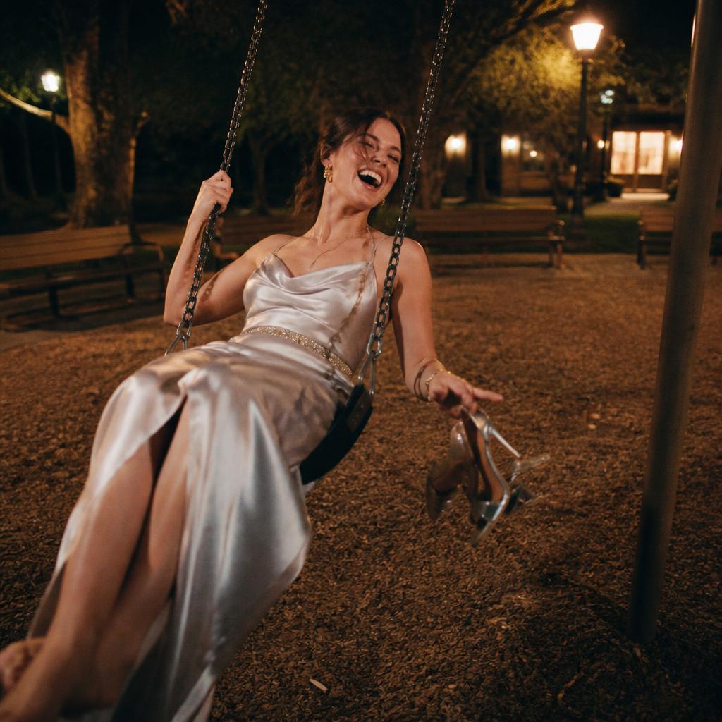 Woman in an evening gown on a playground swing at night, heels in hand