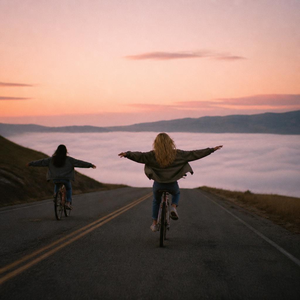 Two friends coasting bicycles down a dawn hill, arms out like wings