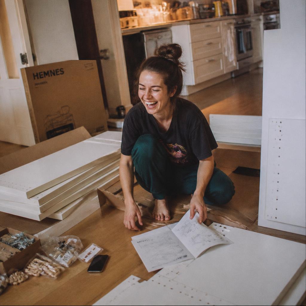 Woman laughing on a kitchen floor surrounded by unassembled IKEA furniture