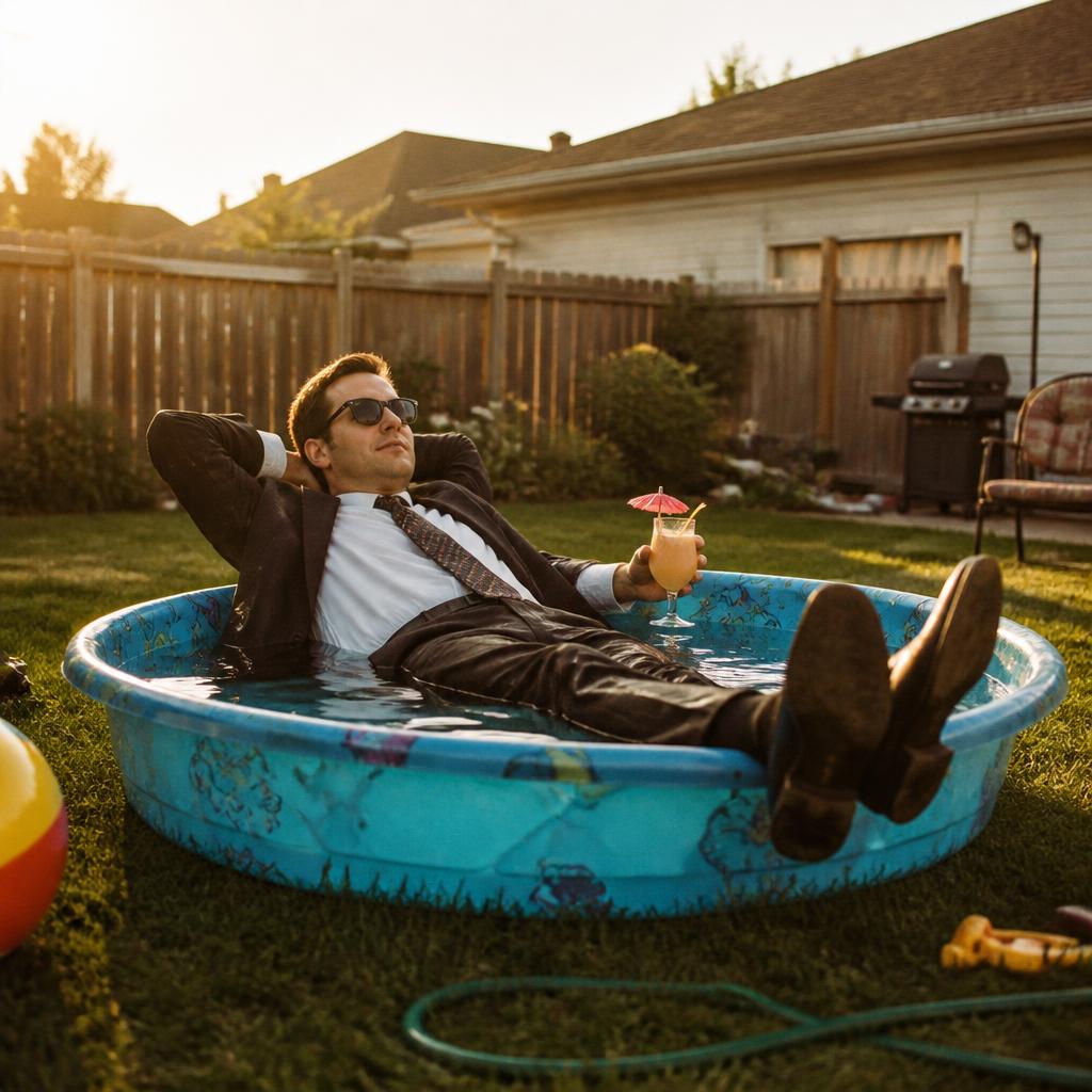 Man in a full suit reclining in a kiddie pool with a tropical drink