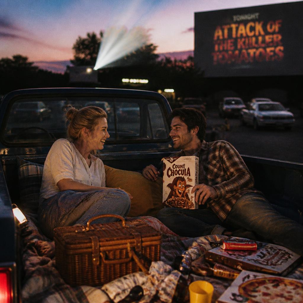 Couple having a picnic in the bed of a truck at a drive-in movie