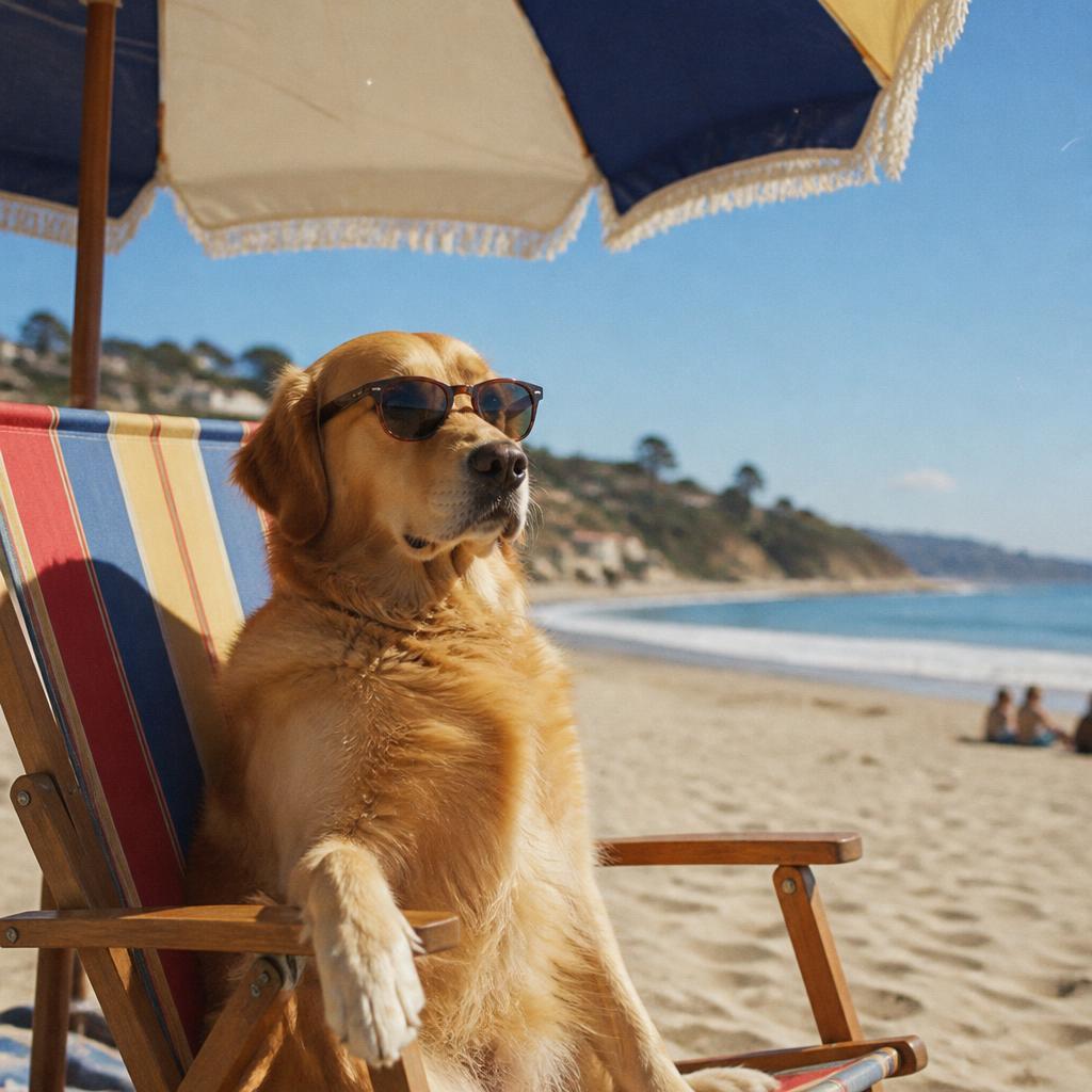 Golden retriever wearing sunglasses sitting in a beach chair