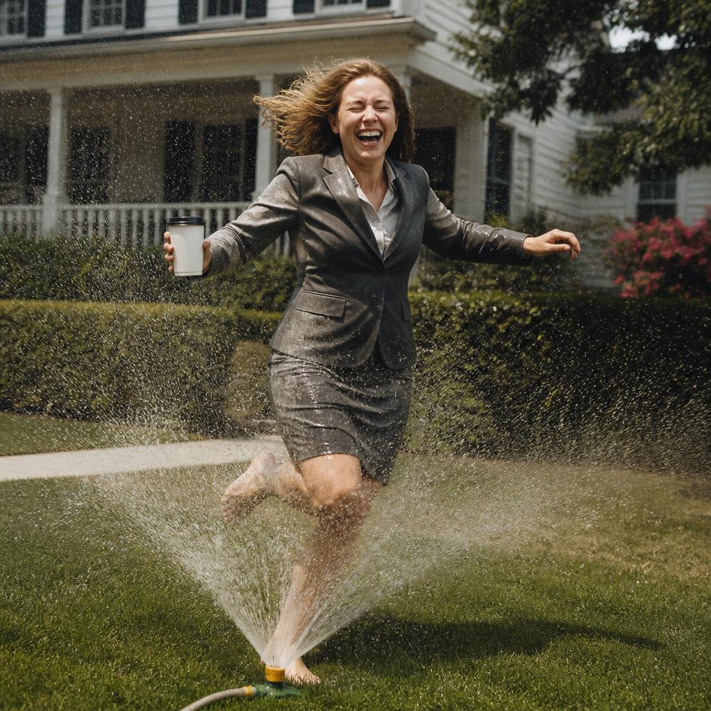 Woman in a business suit running through a lawn sprinkler with coffee