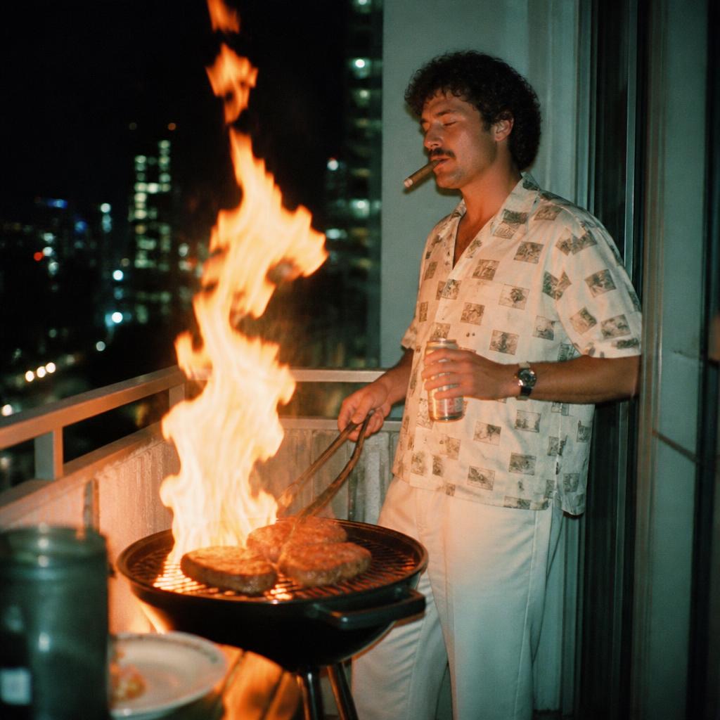 Man grilling on a balcony at night with dramatic flames