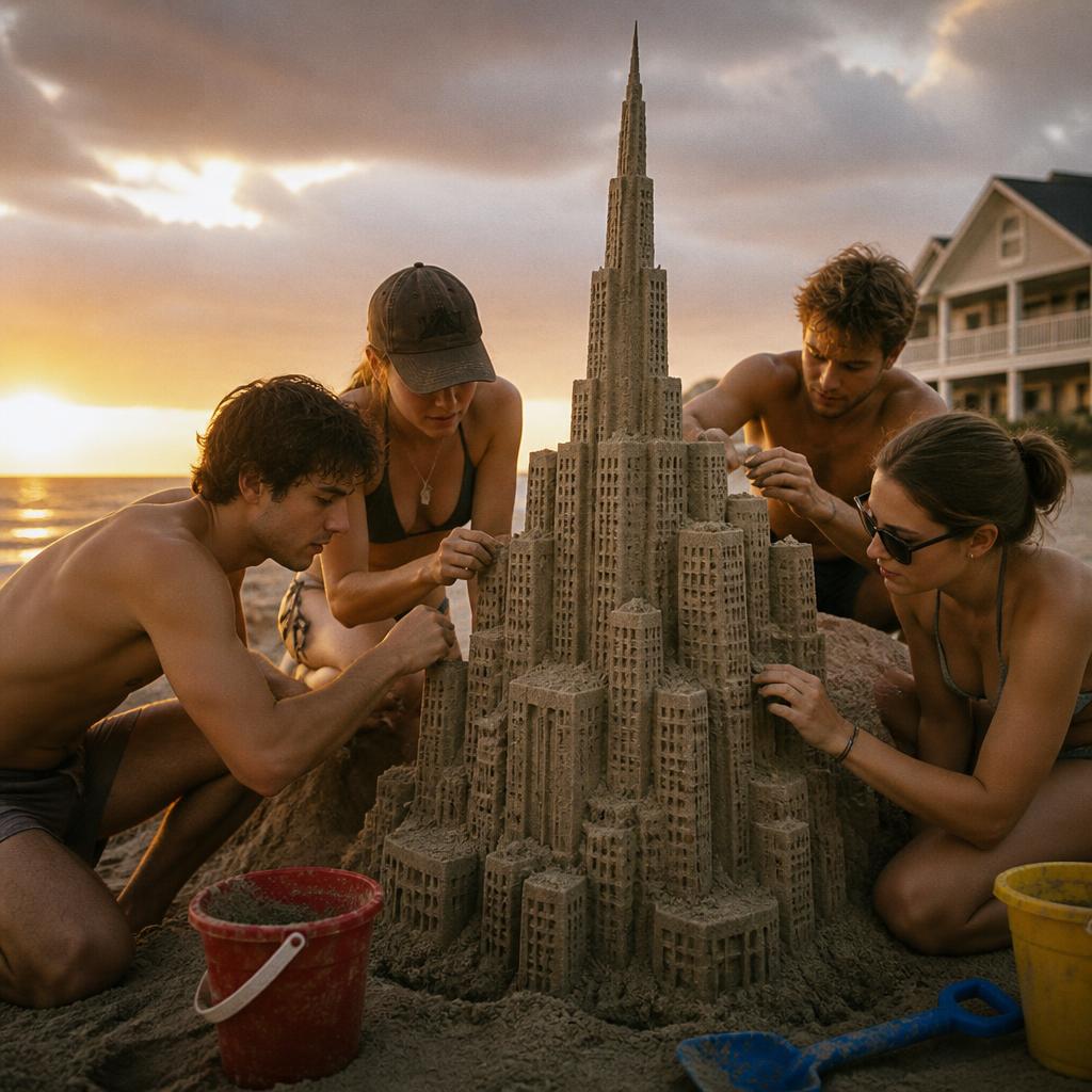 Friends building a skyscraper sandcastle on the beach at sunset