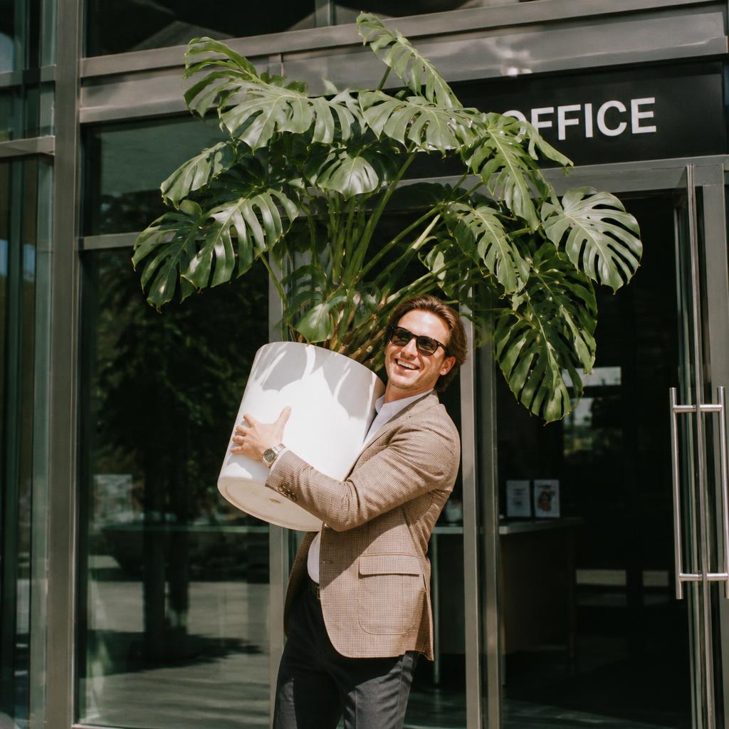 Man carrying a huge potted plant out of an office building like a trophy