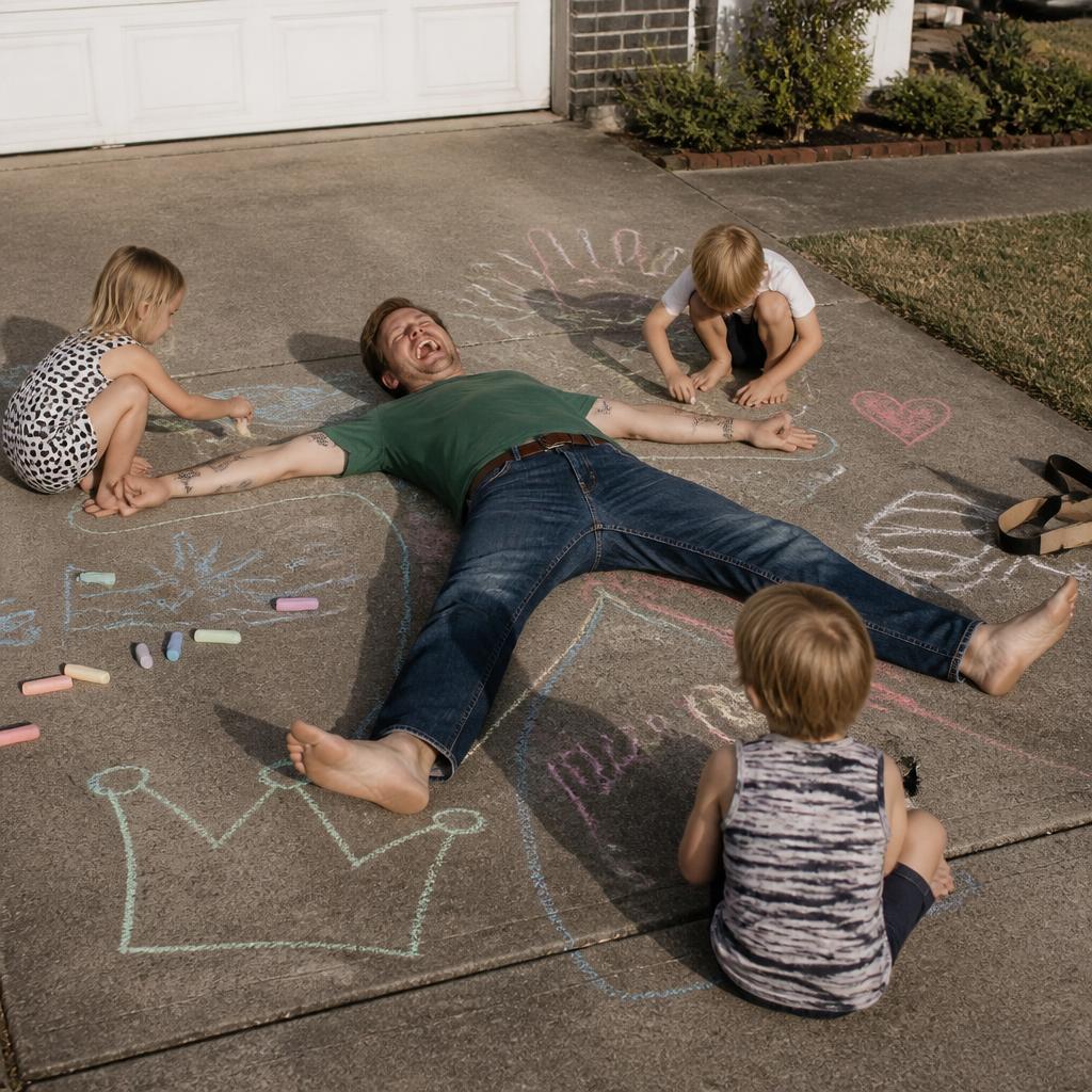 Kids drawing with chalk on a driveway while an adult lies in the middle