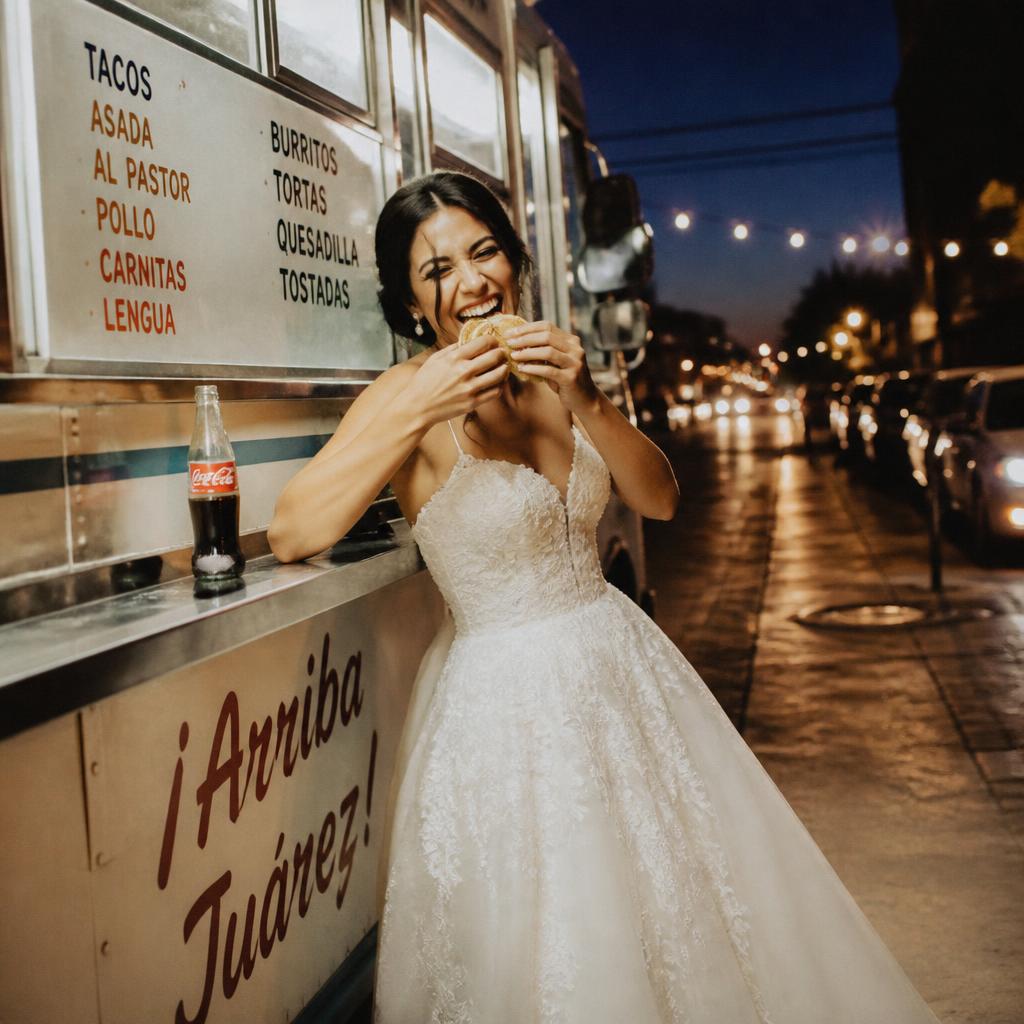Woman in a wedding dress eating tacos from a food truck