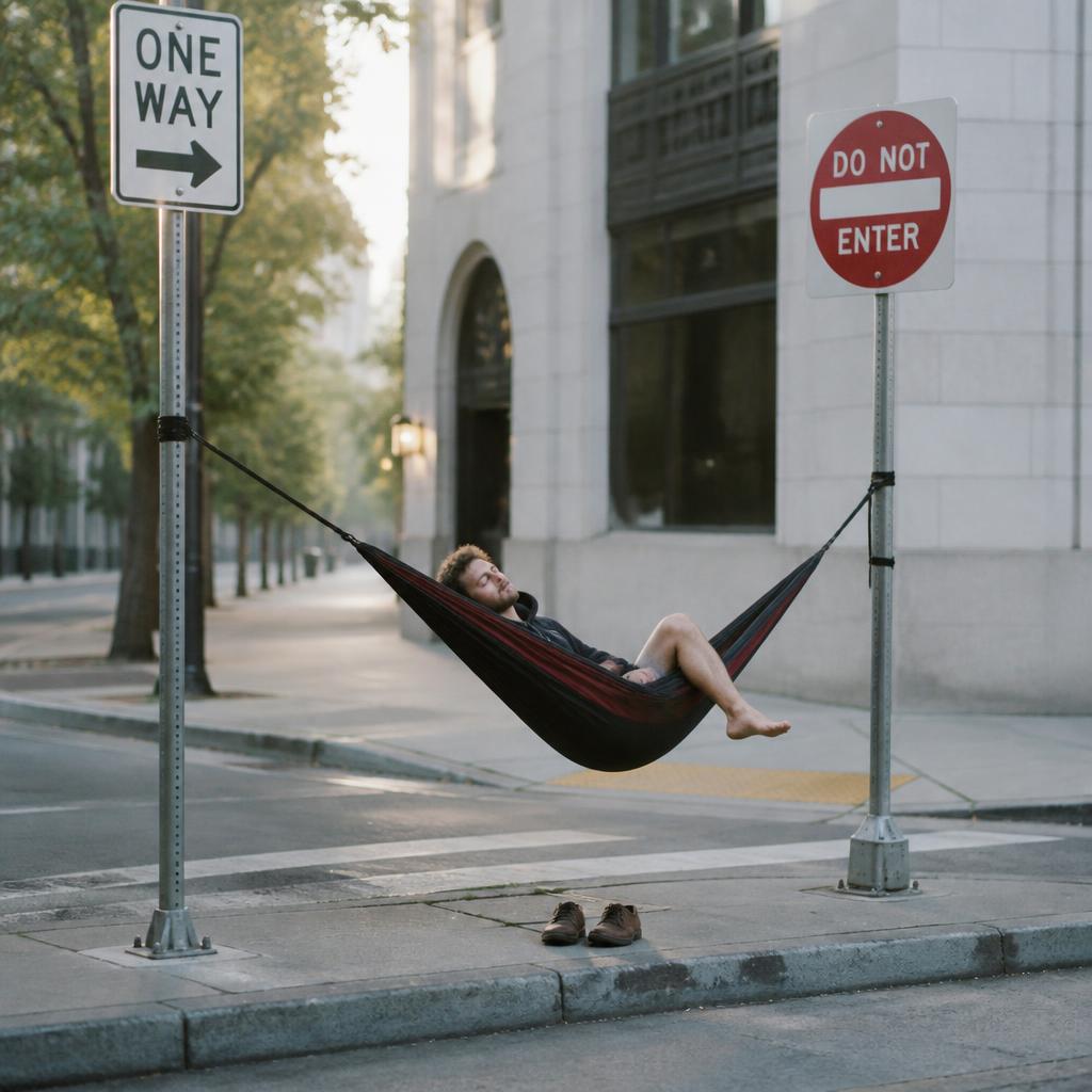 Man asleep in a hammock strung between two street signs at dawn