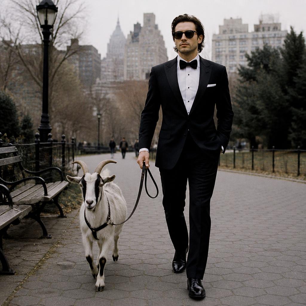 Man in a tuxedo walking a goat on a leash through a city park