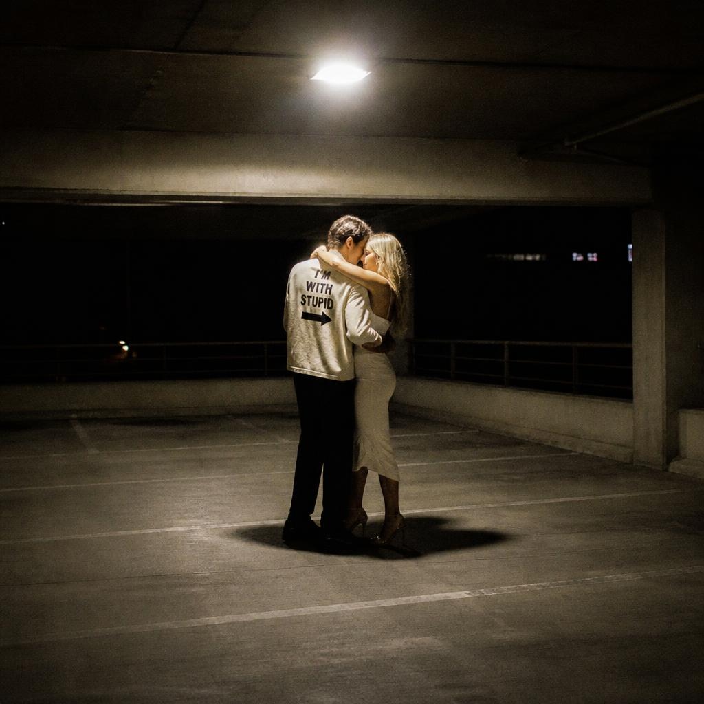 Couple slow dancing in an empty parking garage under one spotlight
