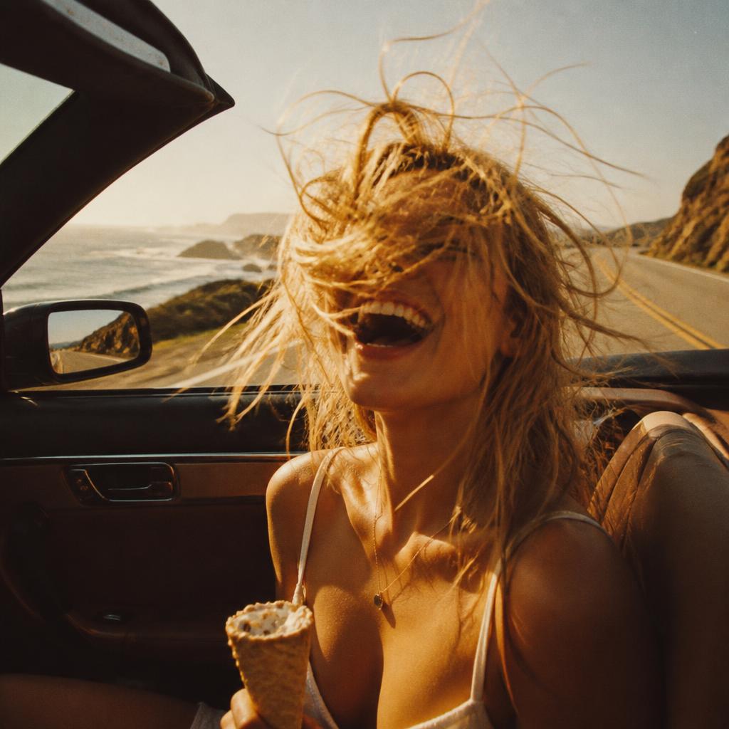 Woman laughing in a convertible with hair tangled in the wind