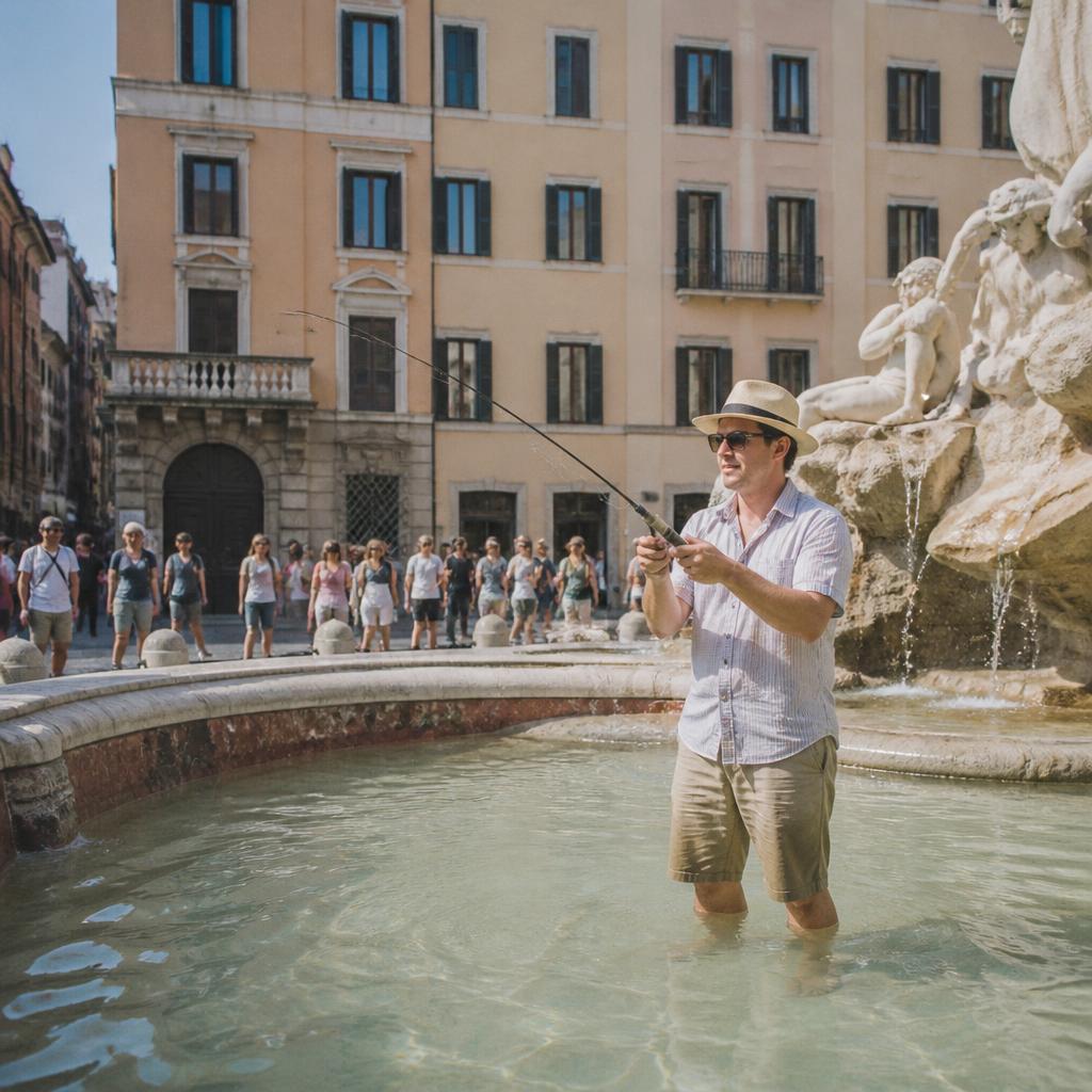 Man fishing in a city square fountain while tourists walk past