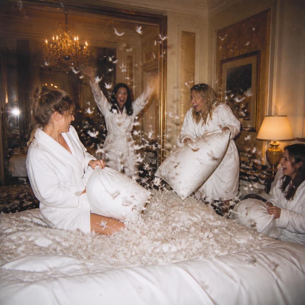 Friends having a pillow fight in a fancy hotel suite with feathers everywhere