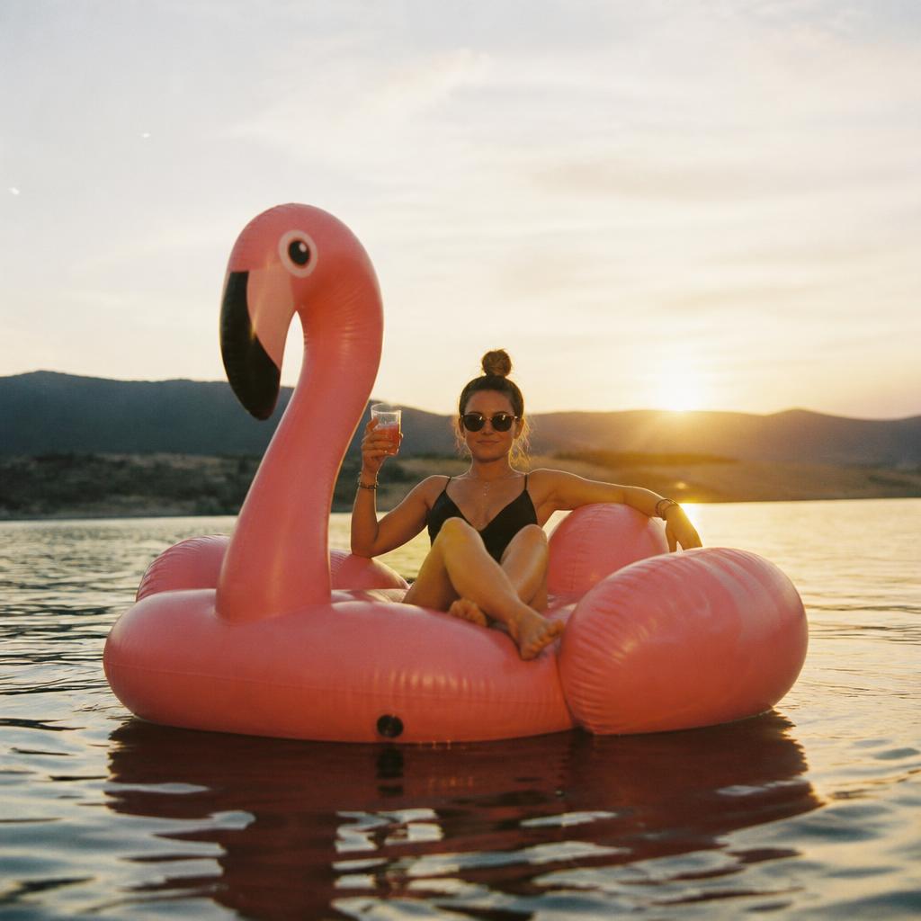 Woman lounging on a giant inflatable flamingo in a lake at sunset