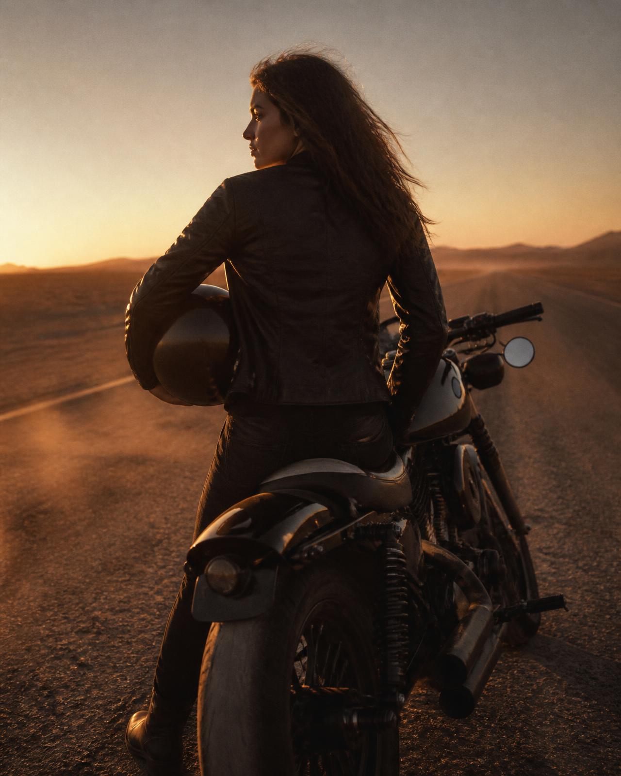 A woman on a motorcycle on an empty desert road