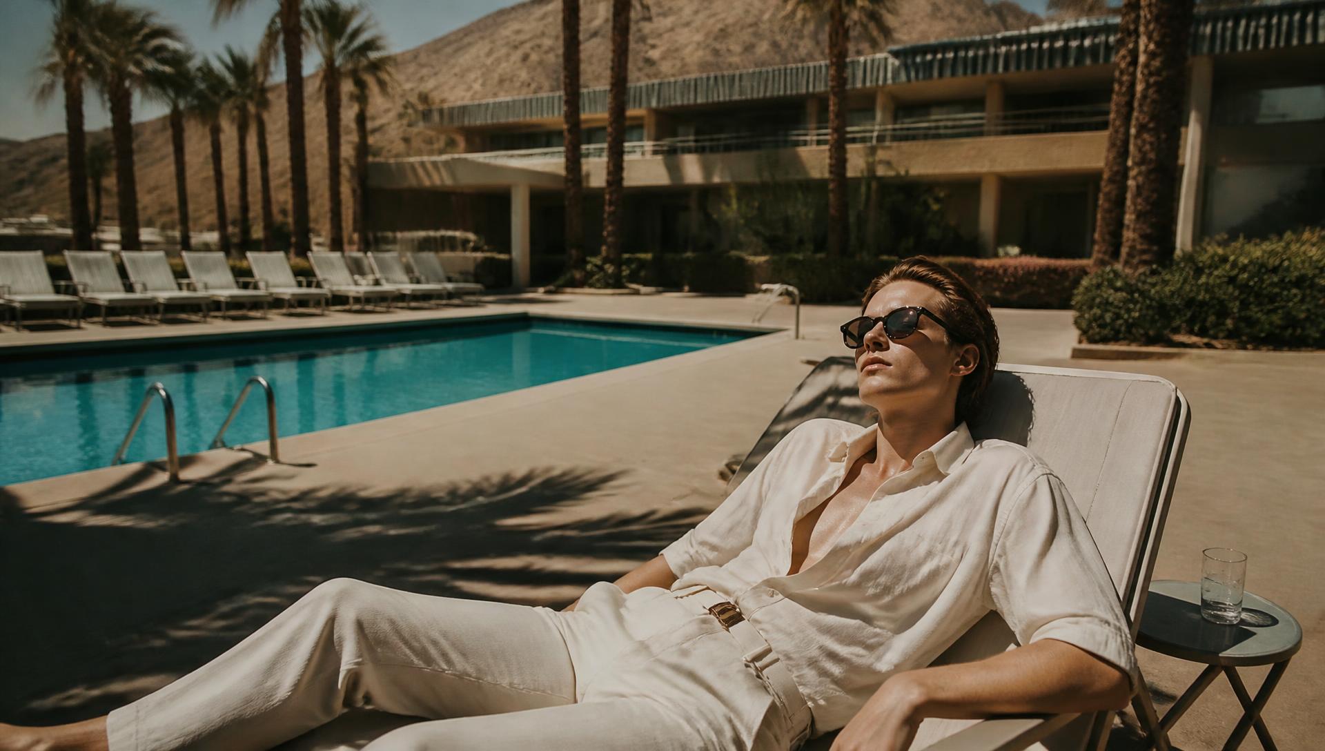 A person lounging beside an empty hotel pool doing absolutely nothing