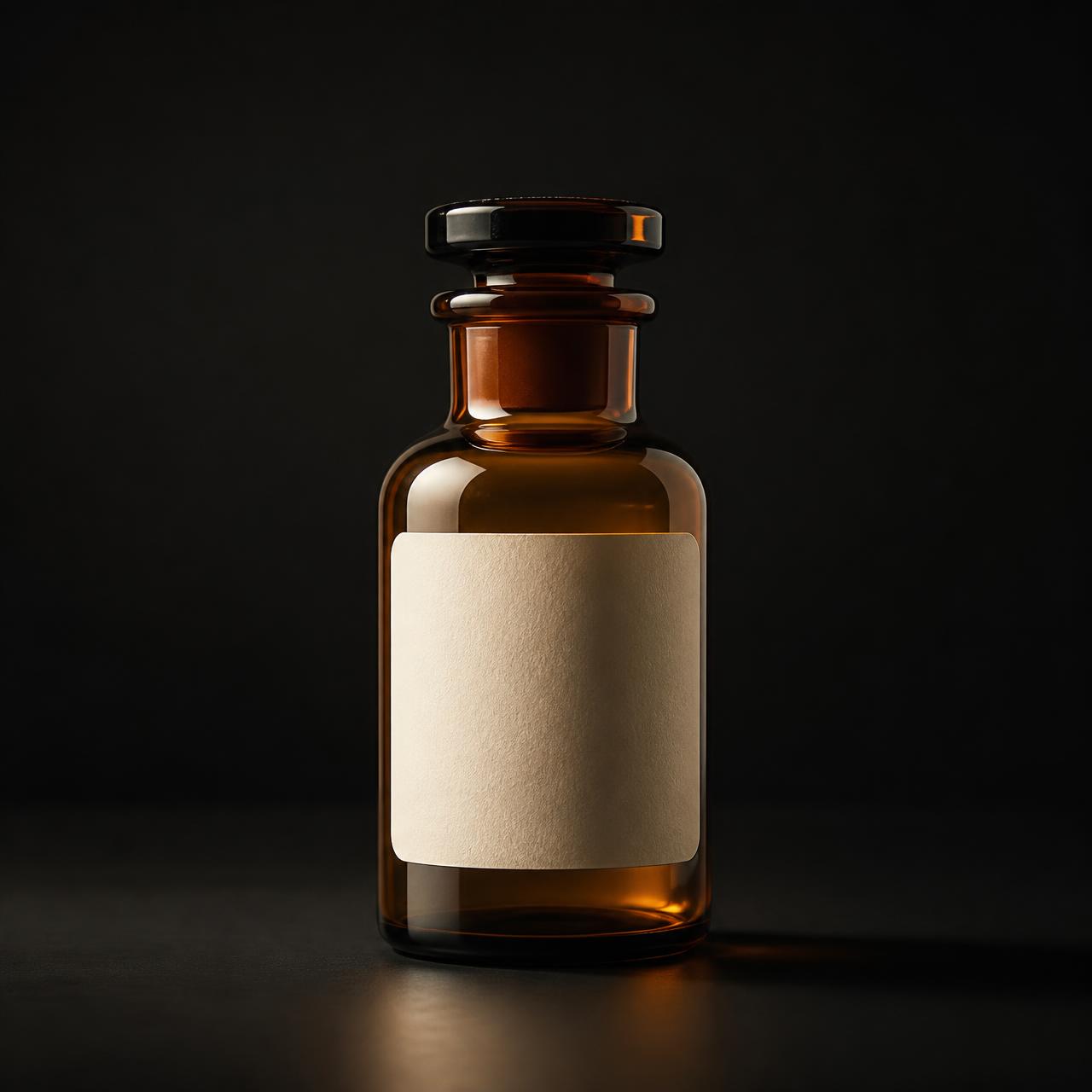 A bottle of Fukitol™ lit like an object in a studio