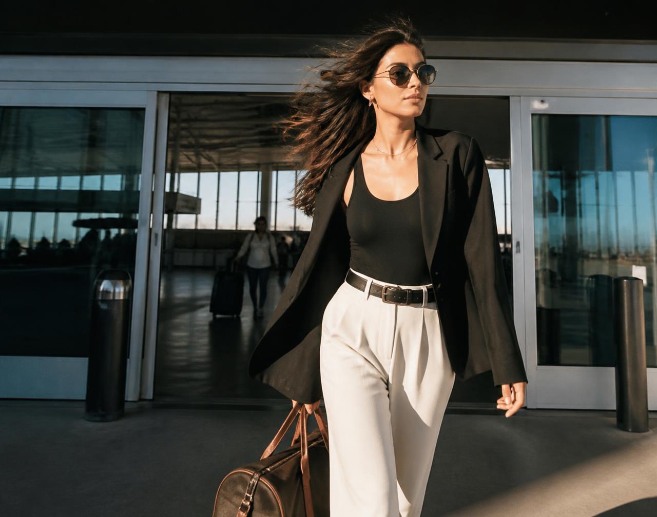 A woman leaving an airport into bright sunlight