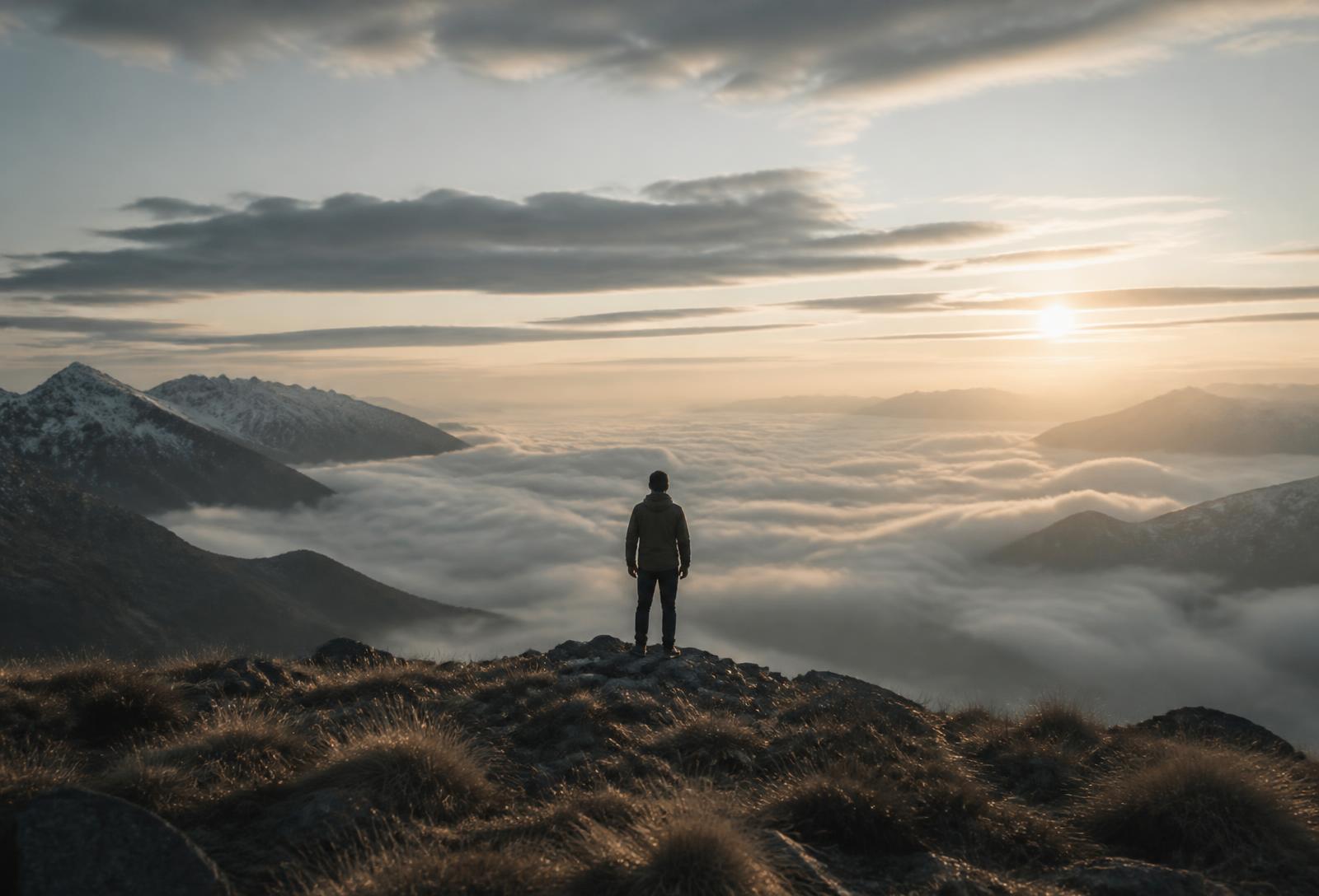 A lone figure on a mountain overlook at sunrise